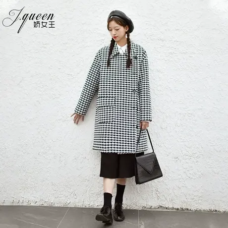 千鸟格毛呢大衣女士中长款冬季新款韩版宽松复古气质时尚呢子外套商品大图