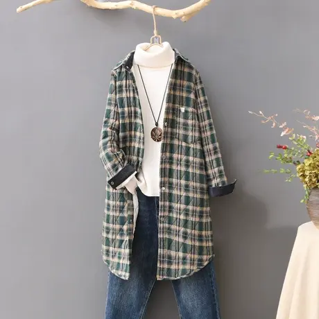 2023冬季新款格子夹棉衬衫女宽松中长款纯棉加厚衬衣冬装厚外套潮图片