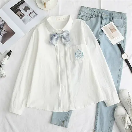 日系学院风白衬衫少女软萌妹长袖风琴褶蝴蝶结衬衣百搭春新款上衣图片