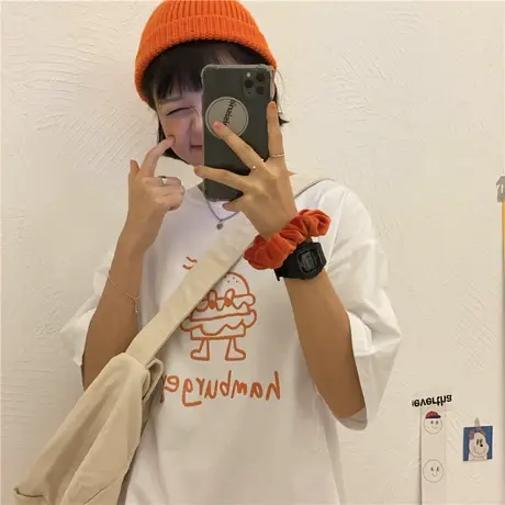 红续2020新款韩版学院bf风宽松上衣女ins潮纯棉百搭白色短袖T恤女图片