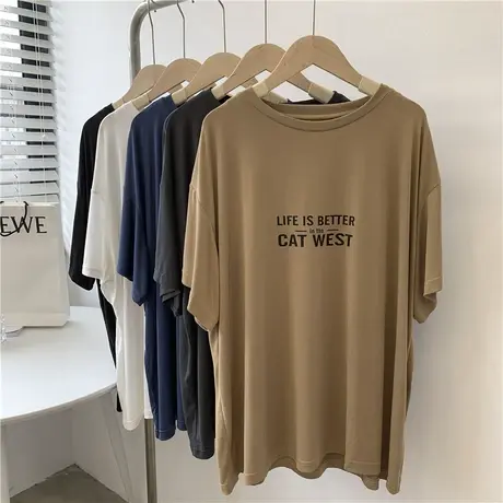 韩版铜氨丝宽松中长款大版莫代尔短袖T恤女大码半袖上衣慵懒白色T商品大图