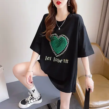 设计感小众短袖t恤女夏韩版宽松大码女装中长款小个子半袖上衣服图片