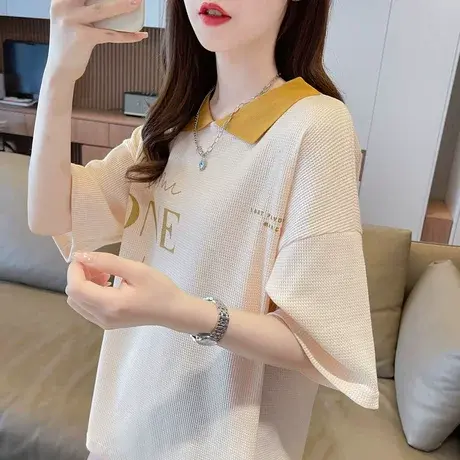 设计感小众娃娃领短袖t恤女夏季韩版宽松大码翻领百搭假两件上衣商品大图