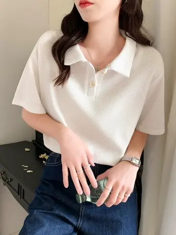 华夫格polo衫短袖t恤女2023新款夏季宽松设计感小众正肩上衣体恤商品大图