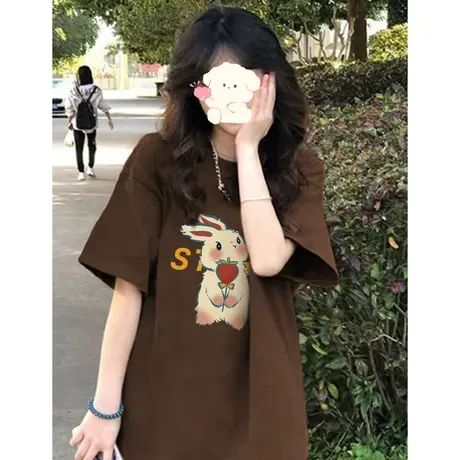 美式潮牌正肩短袖t恤女夏季小众设计感复古港风chic宽松半袖上衣商品大图