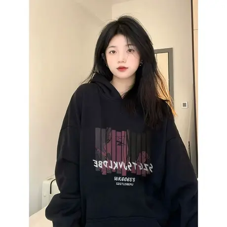 美式复古连帽卫衣女春秋加绒oversize宽松慵懒风小众设计感上衣潮图片