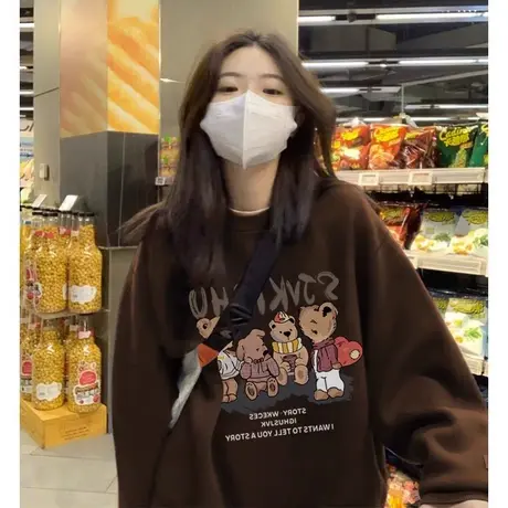 美式复古圆领卫衣女春秋薄款小众设计感宽松潮牌港风chic套头上衣商品大图