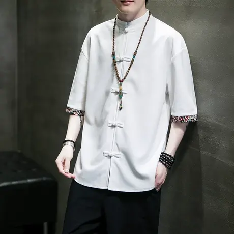 新中式夏季唐装男短袖冰丝衬衫薄中国风男装搭配一套中山盘扣衬衣商品大图