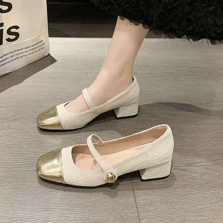 2023年秋季新款法式网红小香风百搭拼色粗跟中跟圆头玛丽珍单鞋女图片