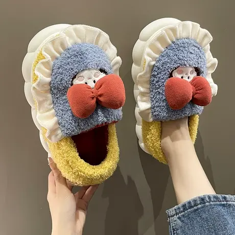 可爱卡通蝴蝶结包头拖鞋女外穿2023秋冬新款厚底加绒保暖包跟棉鞋商品大图