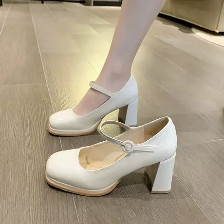 法式玛丽珍鞋女款2023夏季新款粗跟高跟小皮鞋白色高级感气质单鞋商品大图