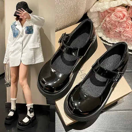 英伦风黑色小皮鞋女日系增高厚底玛丽珍鞋高跟单鞋洛丽塔jk鞋亮面商品大图