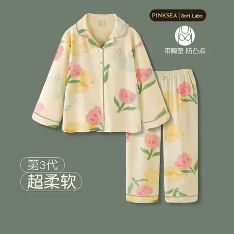 睡衣女春秋带胸垫纯棉翻领高级长袖套装新款宽松可外穿女款家居服商品大图