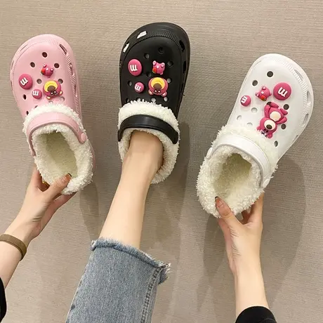 加绒洞洞鞋女秋冬天可爱包头包跟毛毛保暖防滑软底居家外穿棉拖鞋图片