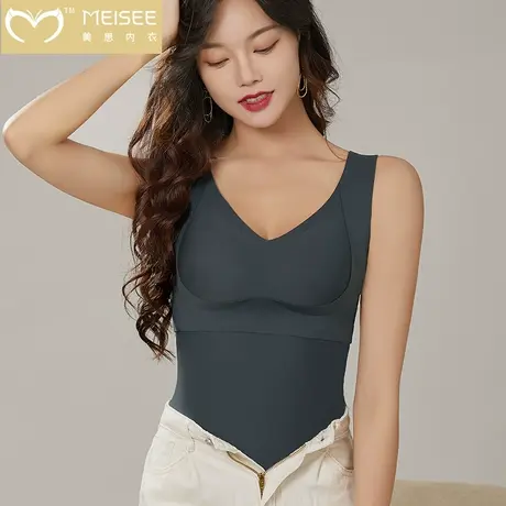 美思保暖背心内衣女无痕一体式免穿文胸带胸垫秋冬打底背心大码女商品大图