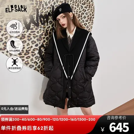 妖精的口袋可拆卸毛呢领黑色羽绒服女2022冬季新款小个子宽松外套图片