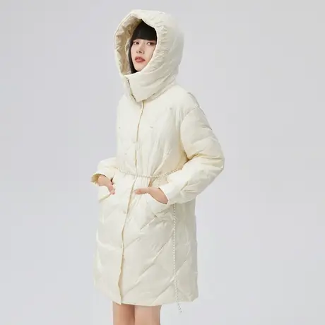 艾莱依时尚休闲珍珠腰带设计羽绒服女2022中长款轻奢白色保暖外套商品大图