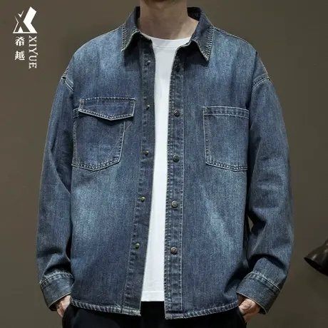 希越复古水洗牛仔衬衫男2024春季新款宽松大码男士高级感夹克外套图片