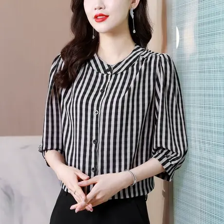 条纹中袖雪纺衬衫上衣女时尚洋气2023年新款夏季短袖法式超仙妈妈图片