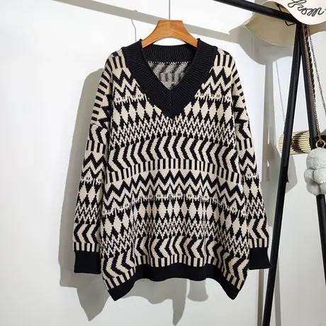 复古毛衣女中长款遮屁股秋冬新款v领宽松慵懒条纹针织衫套头外穿商品大图