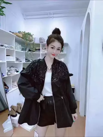 炸街港风bf潮牌上衣外套女2023春秋新款圆领亮片闪闪收腰风衣夹克商品大图