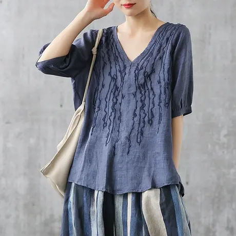 dza文艺刺绣棉麻衬衫女气质V领衬衣2020夏季新款宽松短袖亚麻上衣商品大图