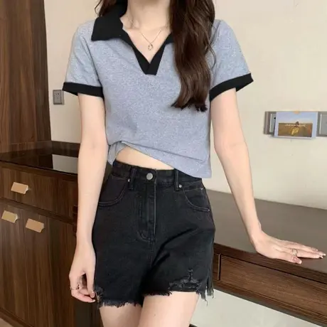 欧货v领t恤女短袖ins潮夏装2023新款洋气别致小衫短款上衣polo衫商品大图