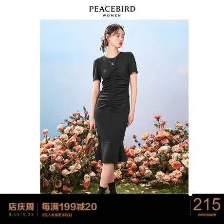 太平鸟黑色抽褶修身连衣裙女春季新款法式复古性感长裙小黑裙图片