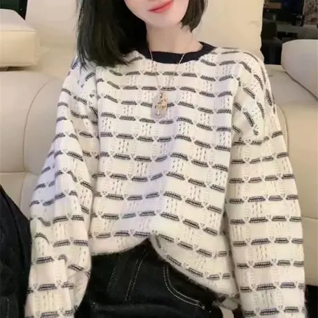 秋冬小香风针织毛衣2023年新款韩版宽松百搭女上衣条纹套头打底衫图片
