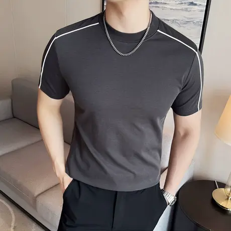 简约气质灰色T恤男短袖夏季薄款圆领条纹撞色小衫中领性张力半袖图片