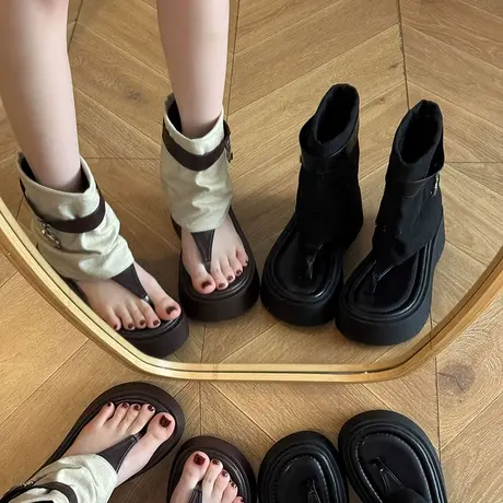 厚底增高夹脚凉鞋女款2025新款夏季小众裤管堆堆短筒夹趾罗马凉靴图片