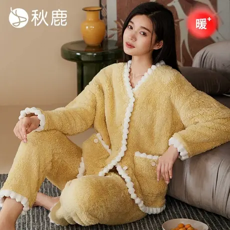 秋鹿珊瑚绒睡衣女款秋冬季V领开衫保暖加绒加厚家居服套装可外穿图片