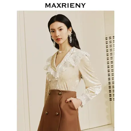 MAXRIENY重工复古感披肩领丝绒上衣女奢华小衫雪纺衫商品大图