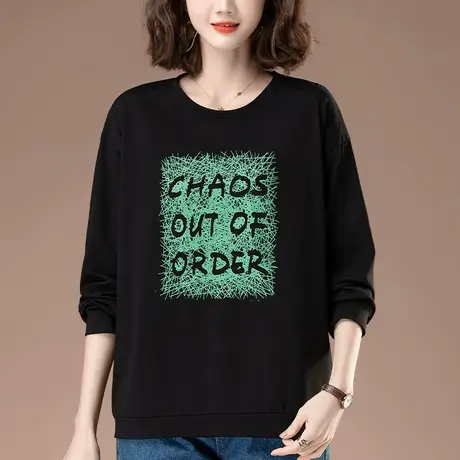 纯棉长袖t恤女早春季新款加肥加大码女装宽松个性印花显瘦打底衫商品大图