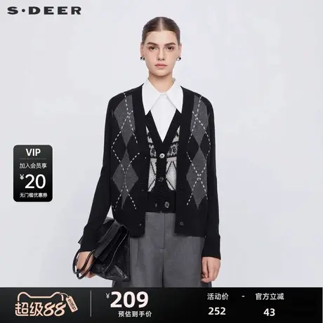 【航海系】sdeer圣迪奥女装学院风菱格纹撞色开衫针织衫S24463504图片