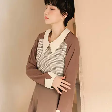 桔熊秋冬季假两件套上衣女千鸟格子磨毛温暖长袖衬衫大码AB16802图片