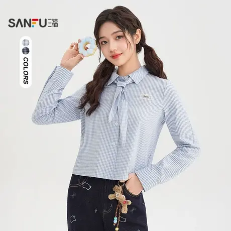 三福长衬衫2025秋季蕾丝小标可拆领巾短款翻领上衣女装510207商品大图