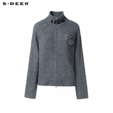 sdeer圣迪奥冬季女装罗纹立领甜美胸针开衫针织衫S24483527商品大图
