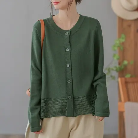 dza 复古纯色棉线毛衣外套女士2023春秋新款外搭针织开衫休闲上衣商品大图
