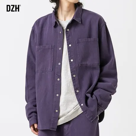 男士纯棉紫色外套男春秋潮高级感翻领衬衫夹克衫宽松工装上衣宽松商品大图