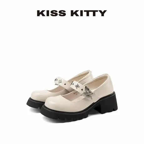 【呼呼专享】KISSKITTY厚底玛丽珍鞋蝴蝶扣单鞋圆头25年新款米白商品大图