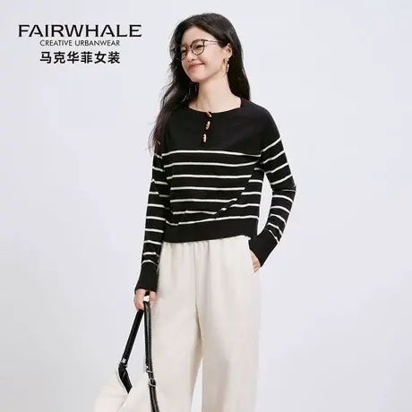 马克华菲条纹针织衫女2025新款圆领显瘦休闲设计感内搭薄毛衣上衣商品大图
