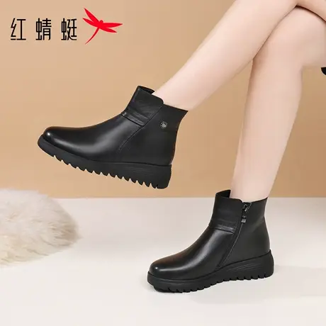 红蜻蜓冬季女鞋靴子女中筒短靴真皮加绒加厚妈妈棉靴皮鞋冬天平底图片
