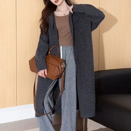 唐狮秋冬季女毛衣简约气质连帽中长款开衫外套宽松日常百搭tu商品大图