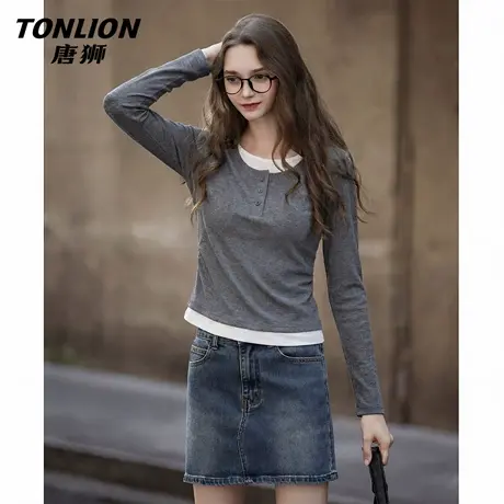 唐狮官方假两件长袖上衣女2026新款春季内搭打底衫美式修身上衣VC商品大图