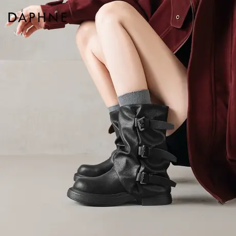 达芙妮黑色短靴女2026新款春季厚底堆堆中筒靴骑士靴子西部牛仔靴商品大图