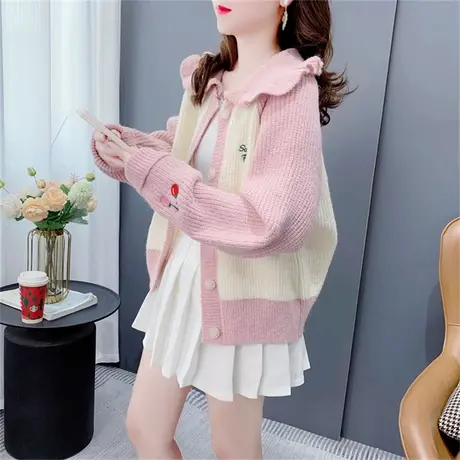 日系甜美娃娃领针织开衫女春秋新款宽松洋气减龄小清新毛衣外套潮商品大图
