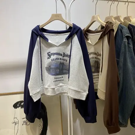 秋季薄款V领插肩长袖卫衣女2023新款宽松韩版ins潮牌短款连帽上衣商品大图