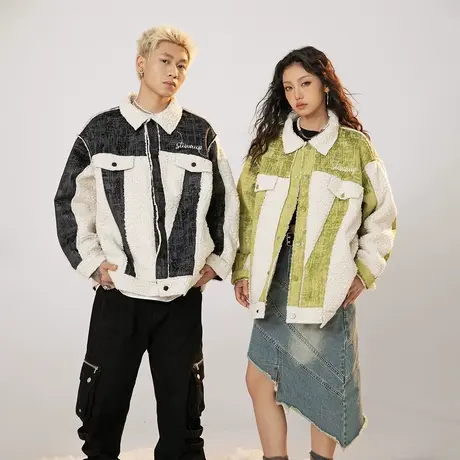 潮牌情侣装拼接棉服女冬季羊羔毛外套2023年新款美式复古宽松棉衣商品大图
