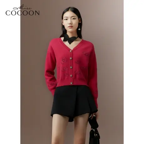 COCOON商场同款2023秋冬新款logo图案提花绵羊毛针织开衫商品大图